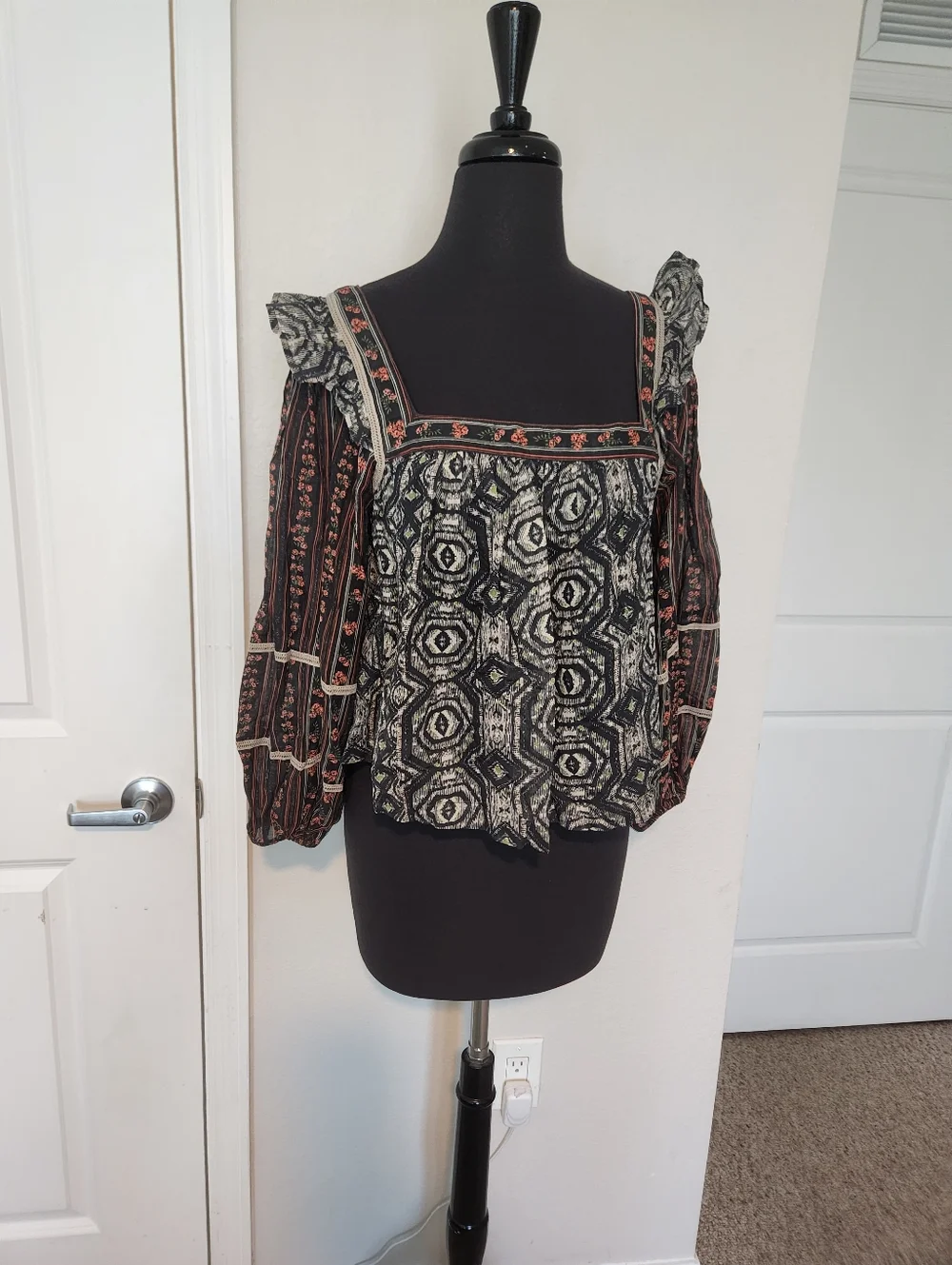 Bohemian Square-Neck Mixed Print Blouse - Black with Rust Accents